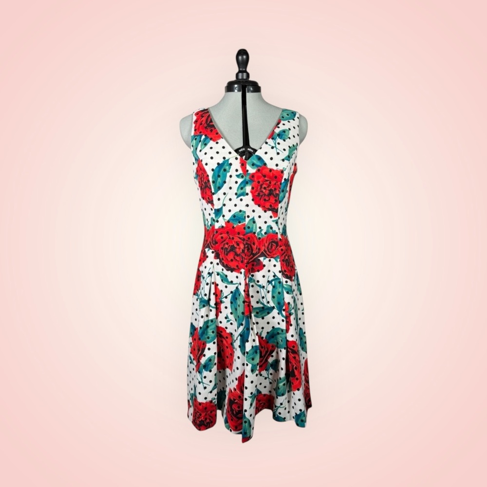 Floral Polka Dot Sleeveless Dress - Red and Green